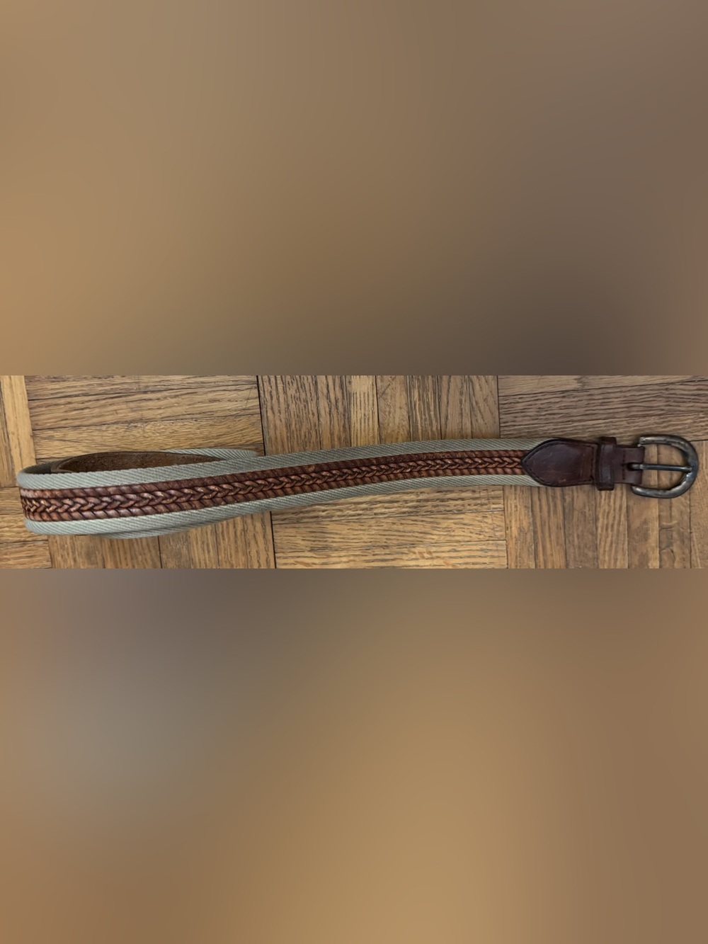 Beige & Brown Leather Woven Belt With Metal Buckle